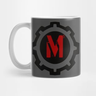 Red Letter M in a Black Industrial Cog Mug